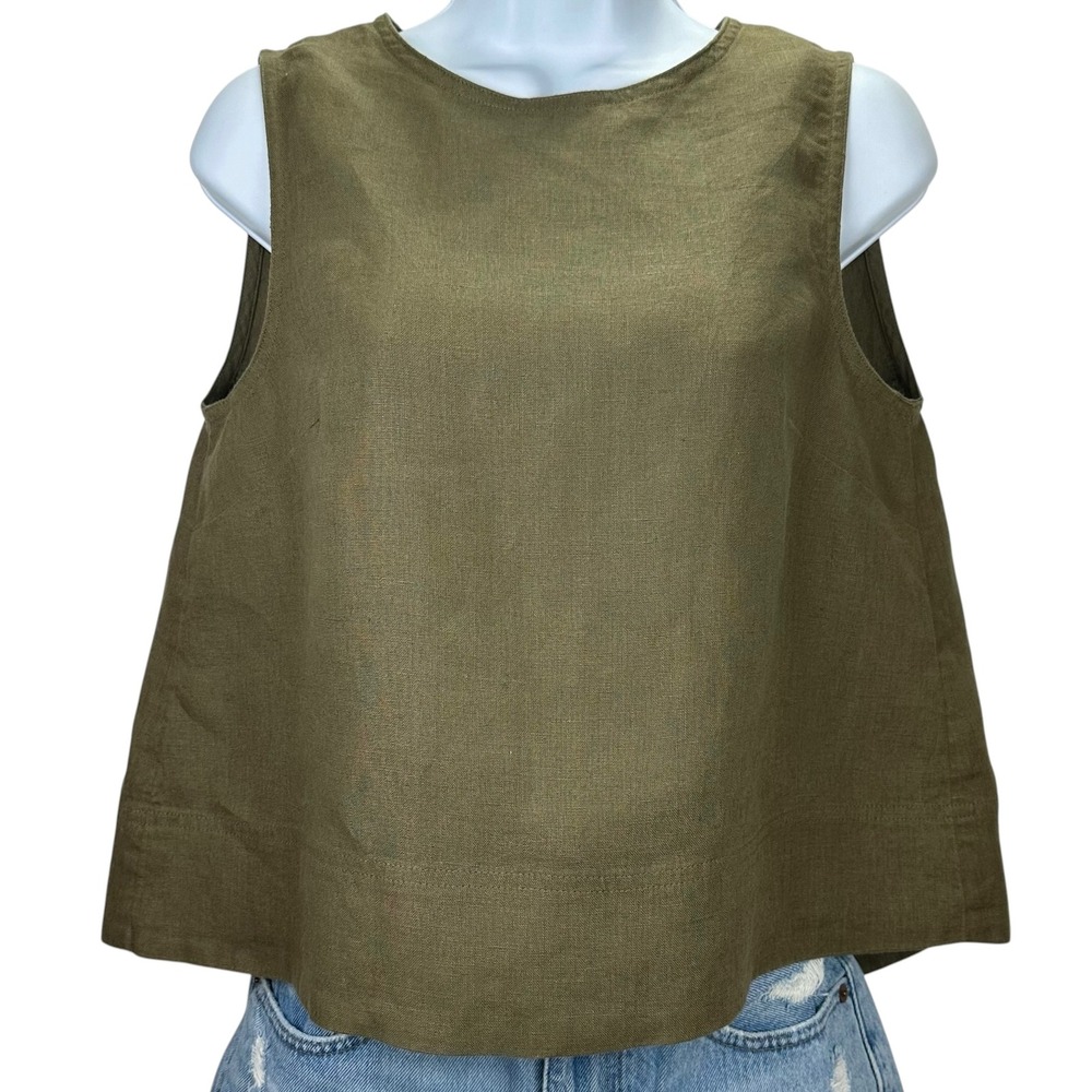 NWT Madewell Linen Sleeveless Pleat-Back Shell Top Olive Green Womens Size S